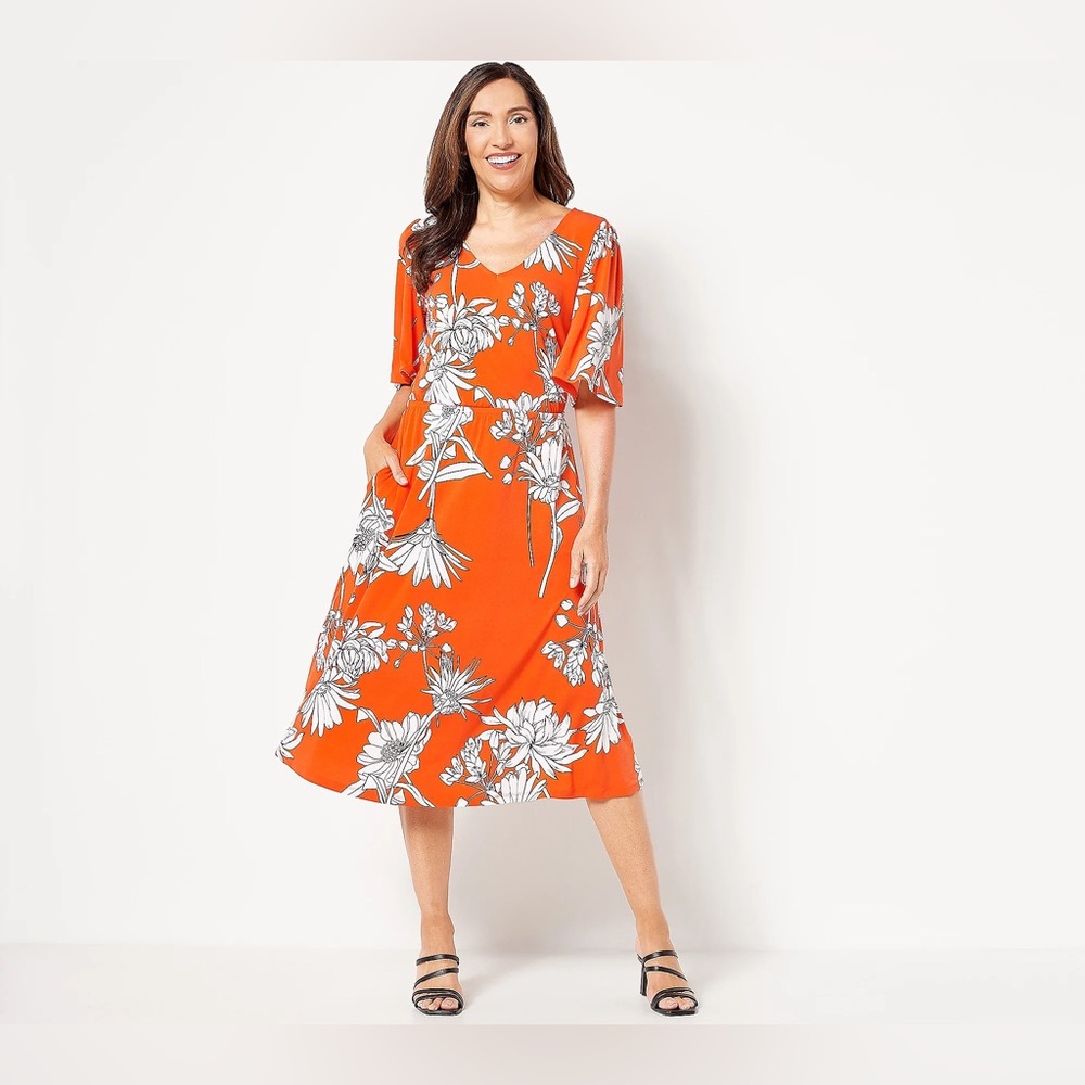 Girl with curves knit midi floral orange dress flutter sleeve size medium